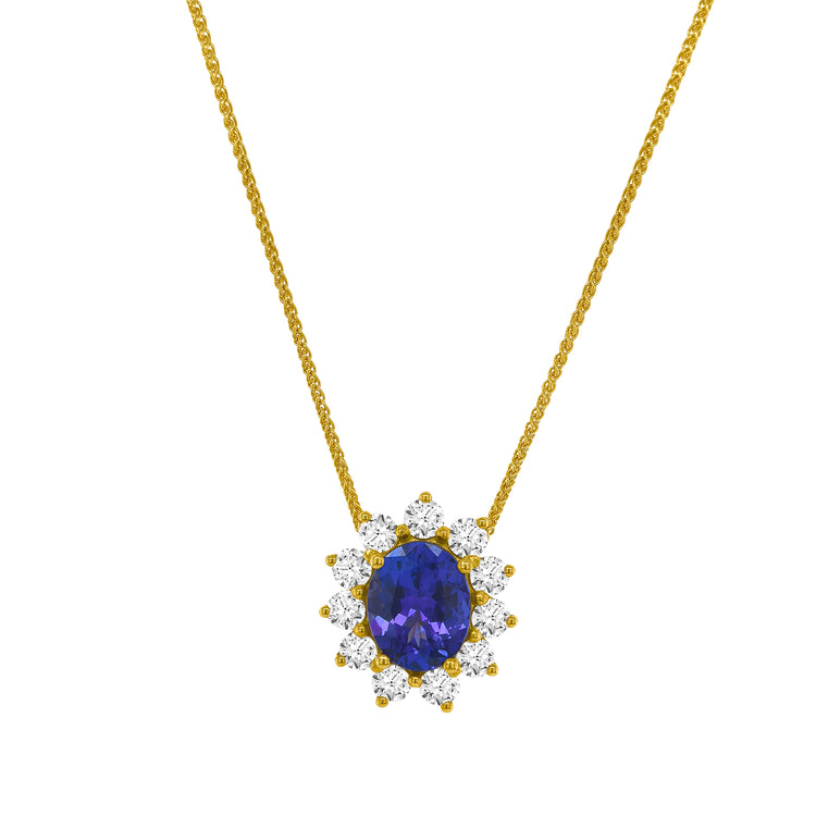 Oval Cut Tanzanite & Floral Halo Diamond Pendant