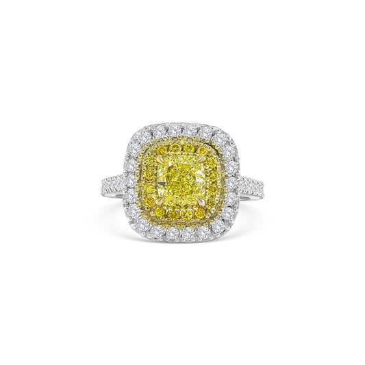 Fancy Yellow Cushion and Double Halo Diamond Ring