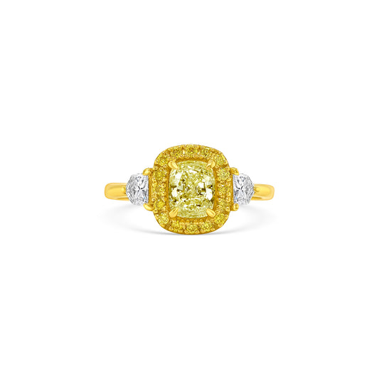 Halo Fancy Yellow Cushion and Cadillac Diamond Trilogy Ring