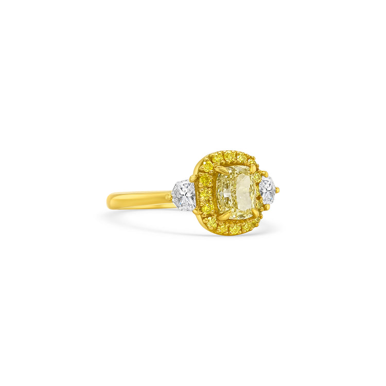 Halo Fancy Yellow Cushion and Cadillac Diamond Trilogy Ring