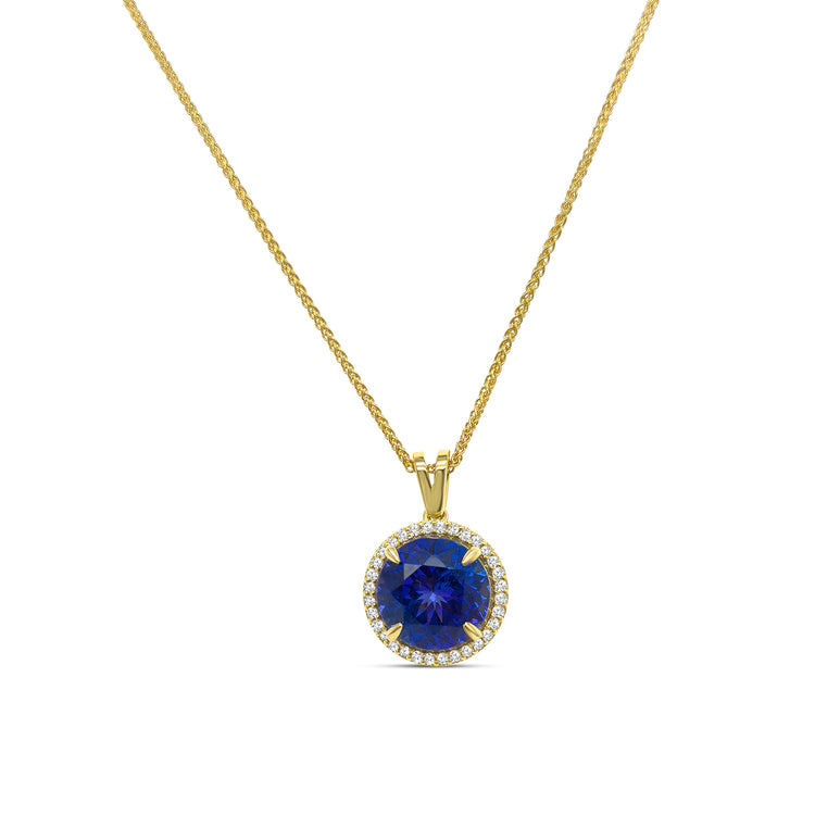 Round Cut Tanzanite & Round Brilliant Halo Diamond Pendant