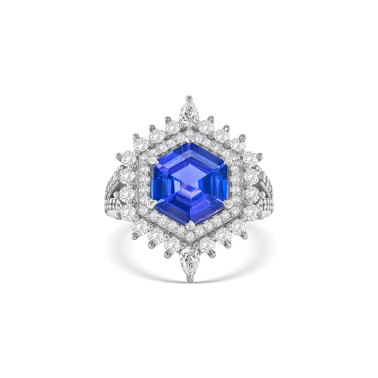 Hexagonal Cut Tanzanite & Diamond Halo Dress Ring