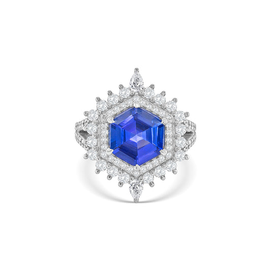 Hexagonal Cut Tanzanite & Diamond Halo Dress Ring