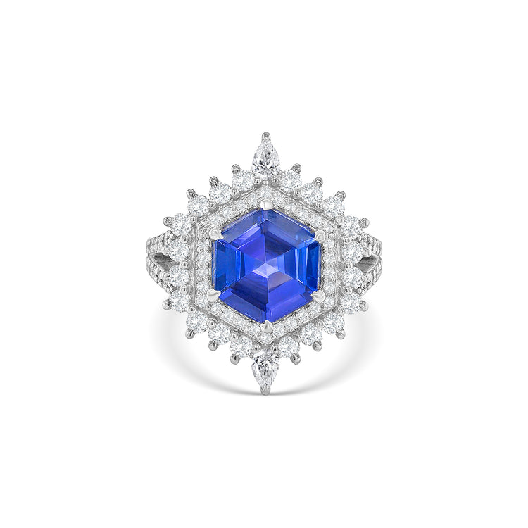 Hexagonal Cut Tanzanite & Diamond Halo Dress Ring