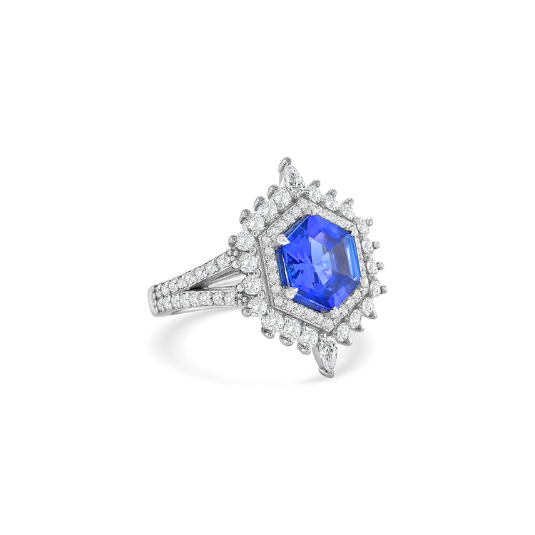 Hexagonal Cut Tanzanite & Diamond Halo Dress Ring