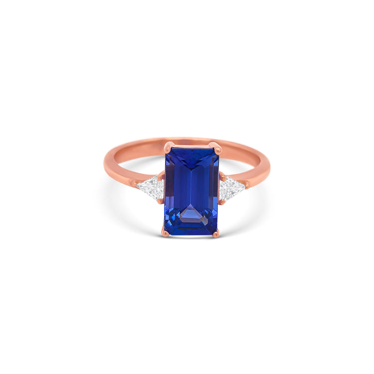 Emerald Cut Tanzanite & Trillion Diamond Ring