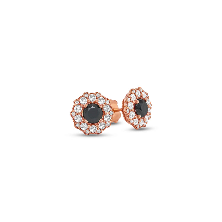 Round Cut Black Diamond Halo Stud Earrings