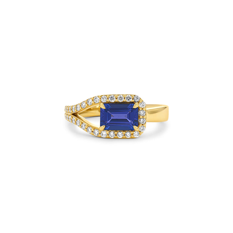 Emerald Cut Tanzanite Split Shank Halo Diamond Ring