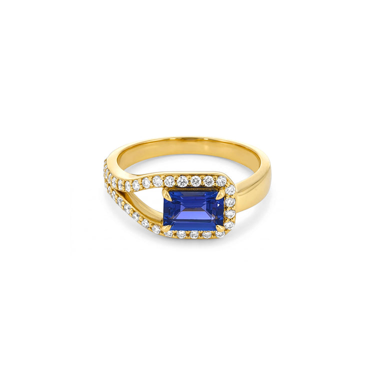 Emerald Cut Tanzanite Split Shank Halo Diamond Ring