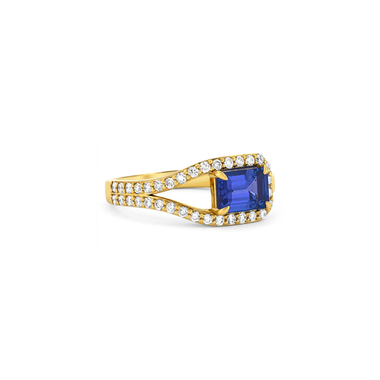 Emerald Cut Tanzanite Split Shank Halo Diamond Ring