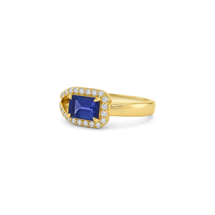 Emerald Cut Tanzanite Split Shank Halo Diamond Ring