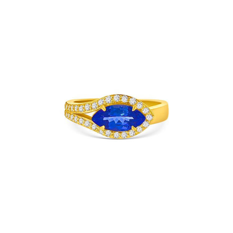 Marquise Cut Tanzanite Split Shank Halo Diamond Ring