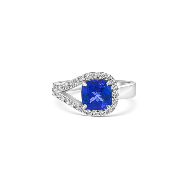 Cushion Cut Tanzanite Split Shank Halo Diamond Ring