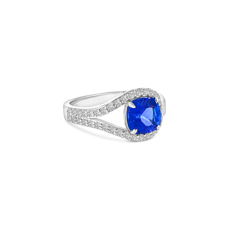 Cushion Cut Tanzanite Split Shank Halo Diamond Ring