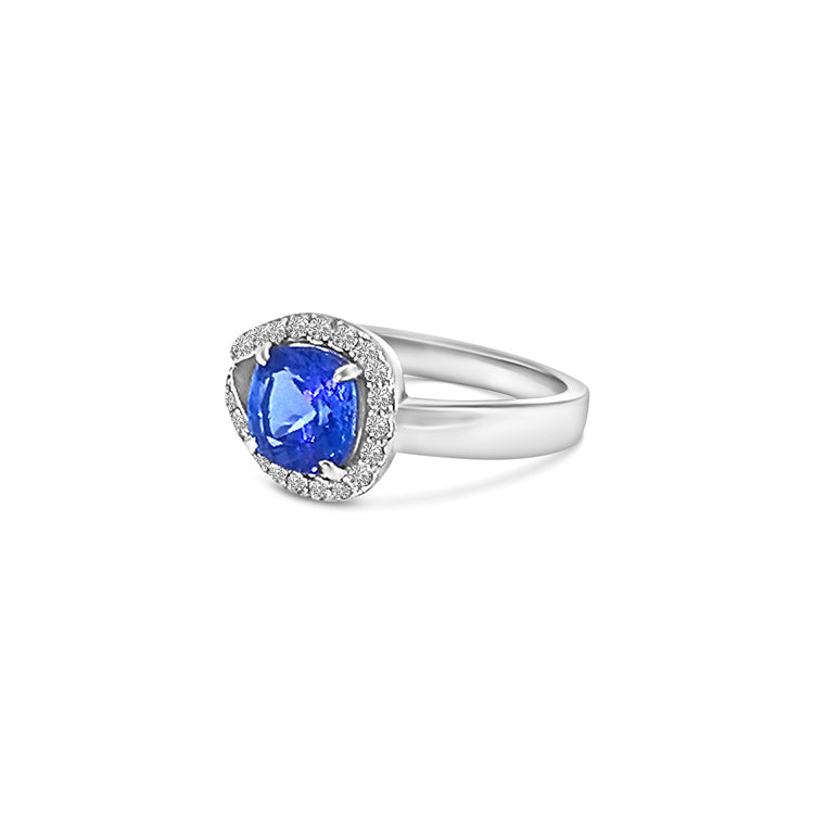 Cushion Cut Tanzanite Split Shank Halo Diamond Ring