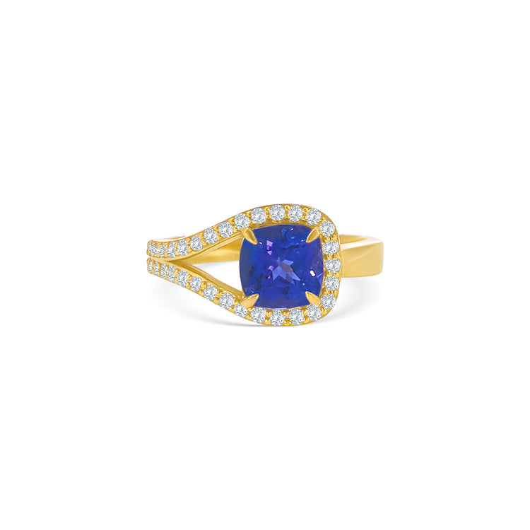Cushion Cut Tanzanite Halo Diamond Ring