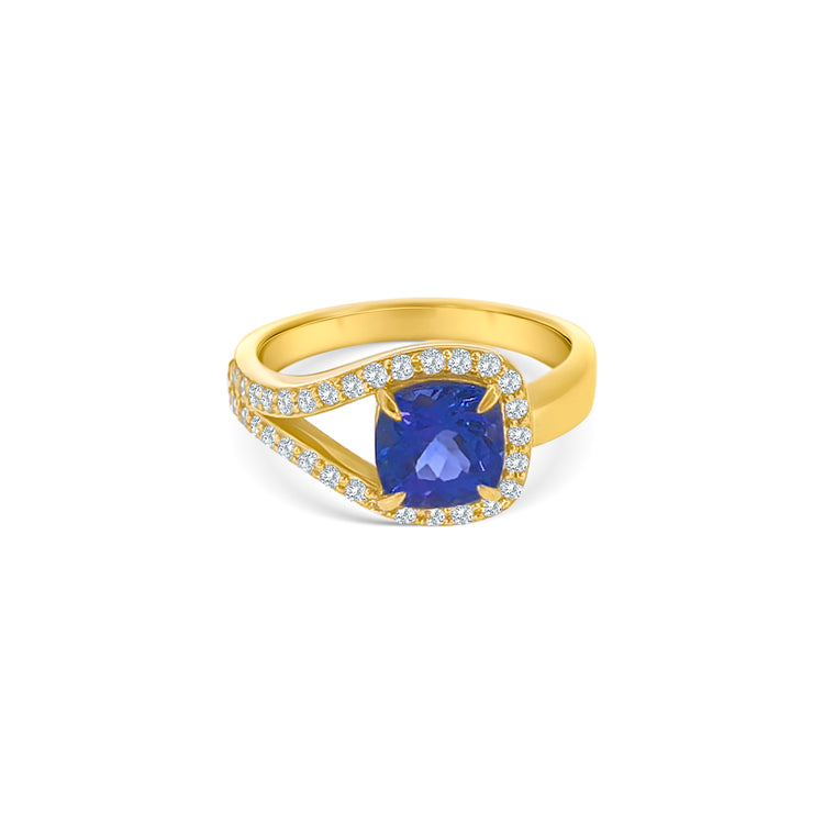 Cushion Cut Tanzanite Halo Diamond Ring