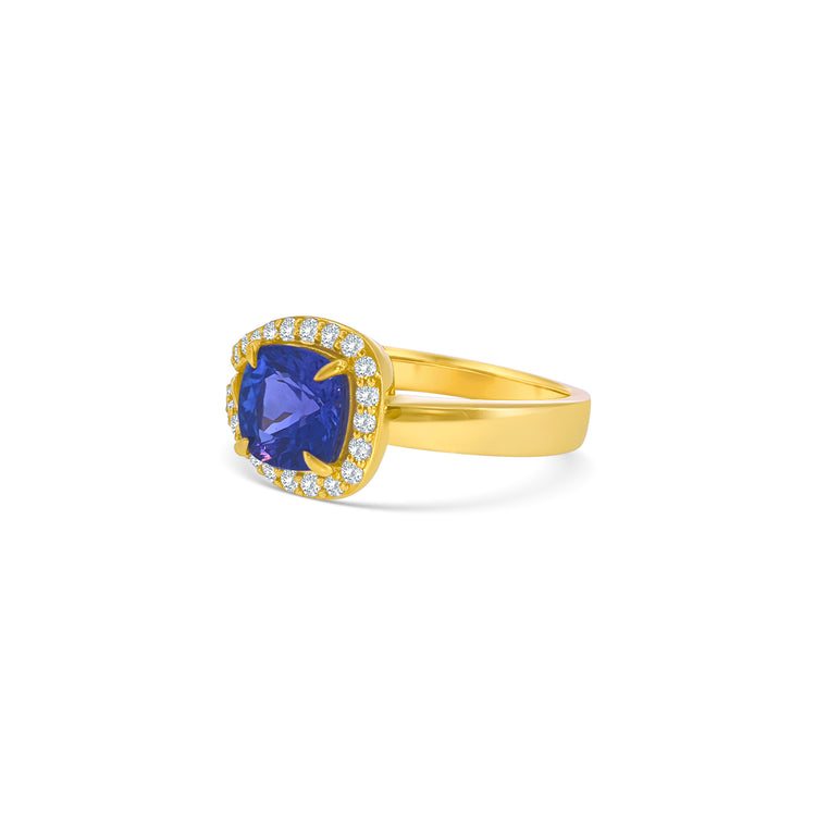 Cushion Cut Tanzanite Halo Diamond Ring