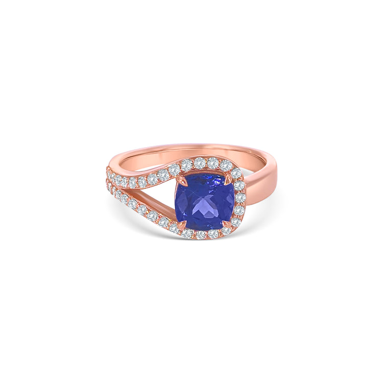 Cushion Cut Tanzanite Halo Diamond Ring