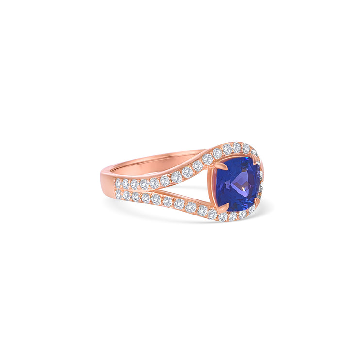 Cushion Cut Tanzanite Halo Diamond Ring