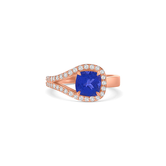 Cushion Cut Tanzanite Split Shank Halo Diamond Ring