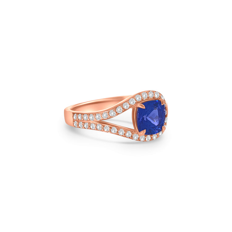 Cushion Cut Tanzanite Split Shank Halo Diamond Ring