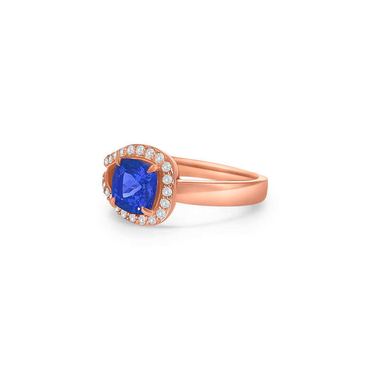 Cushion Cut Tanzanite Split Shank Halo Diamond Ring