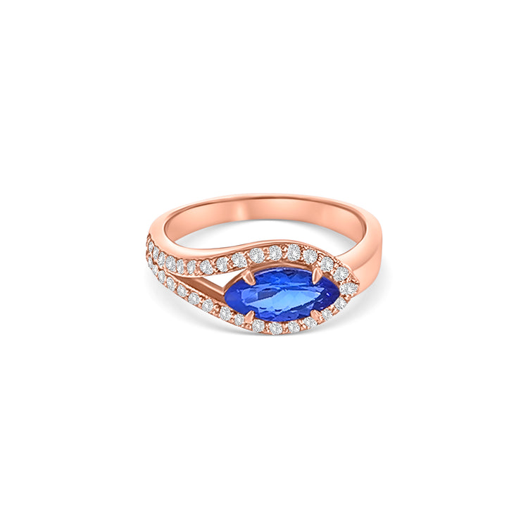 Marquise Cut Tanzanite Split Shank Halo Diamond Ring