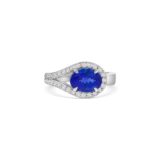 Oval Cut Tanzanite Split Shank Halo Diamond Ring
