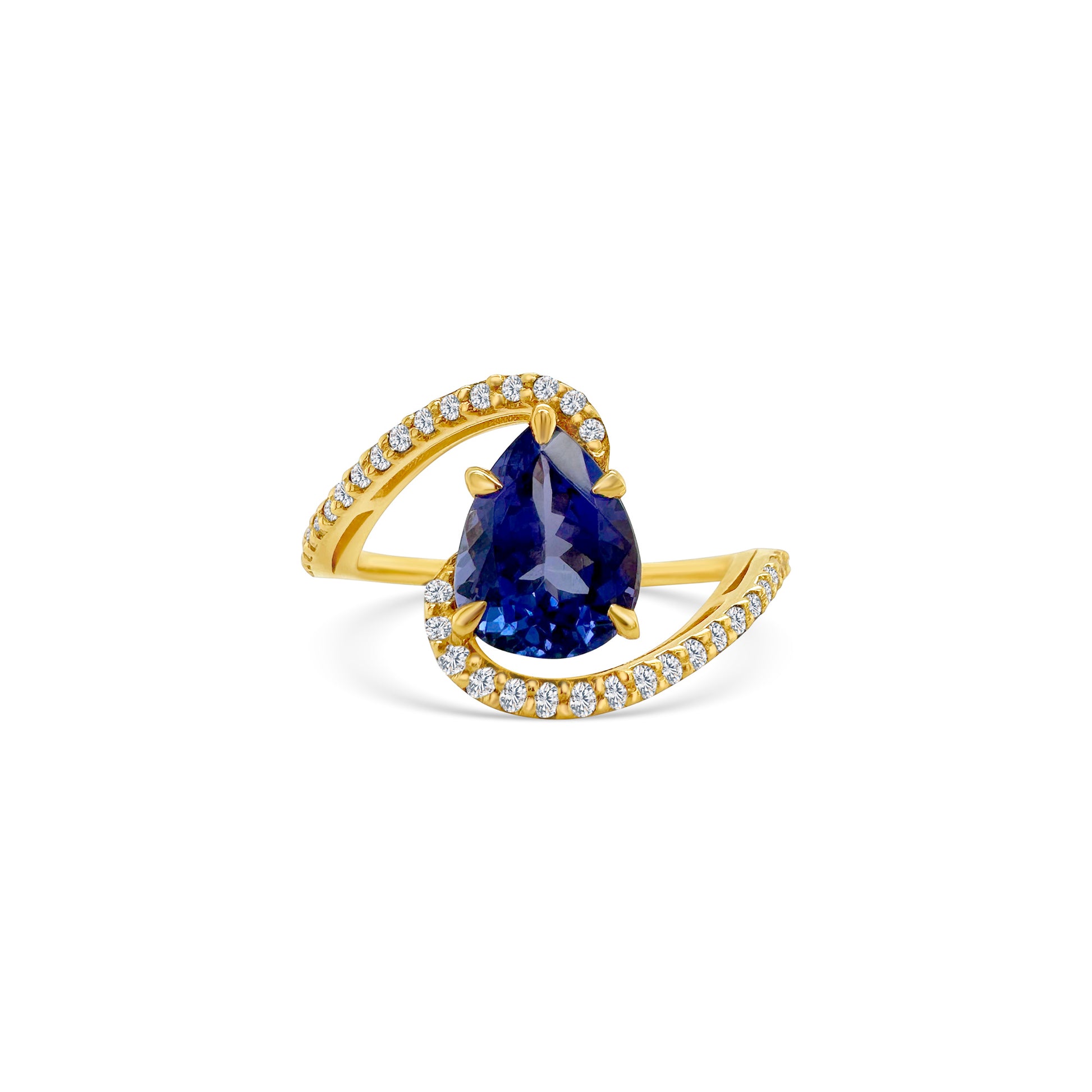 A sparkling, pear-shaped tanzanite, set in gleaming, white gold, surrounded by shimmering, round-cut diamonds, creating a stunning, elegant ring, perfect for any special occasion.
