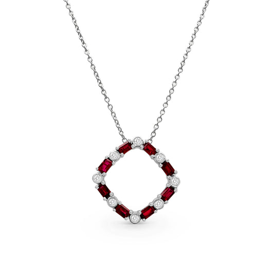 A luxurious baguette ruby pendant, sparkling with diamonds, exuding elegance and charm, a timeless piece of jewelry, perfect for any occasion
