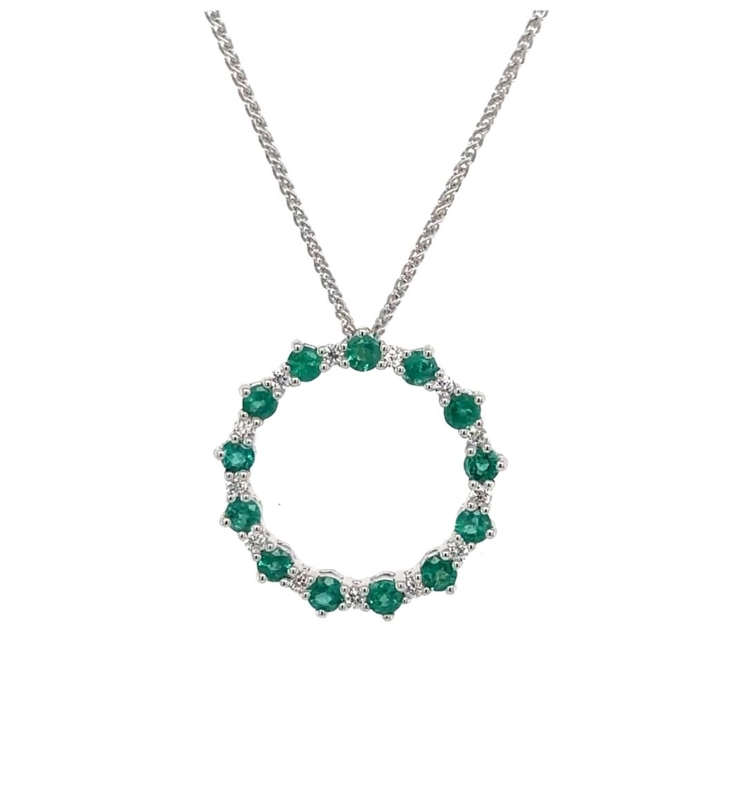 Circle Pendant with Emerald and Diamonds, Gold Circle Pendant with Emerald and Diamond, Elegant Emerald and Diamond Necklace, Fine Jewelry Emerald & Diamond Circle Pendant, Birthstone Circle of Life Pendant, Emerald Pendant with Diamonds, Circle Pendant in Gold with Emerald and Diamond, Emerald and Diamond Jewelry Circle.
