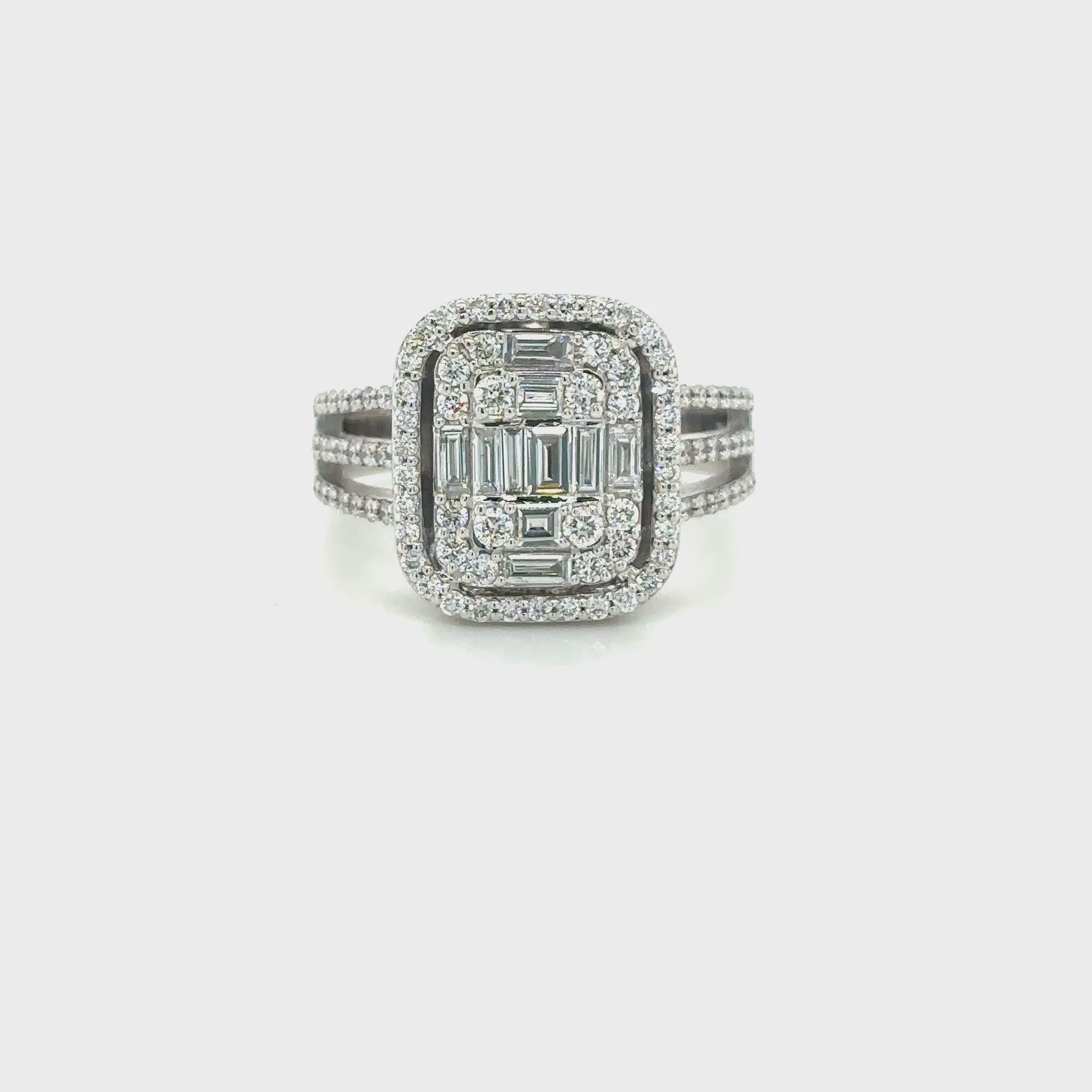 baguette and round brilliant diamond ring, illusion diamond ring, double halo diamond ring, triple band diamond ring, statement cocktail ring, illusion set engagement ring, luxury diamond ring

