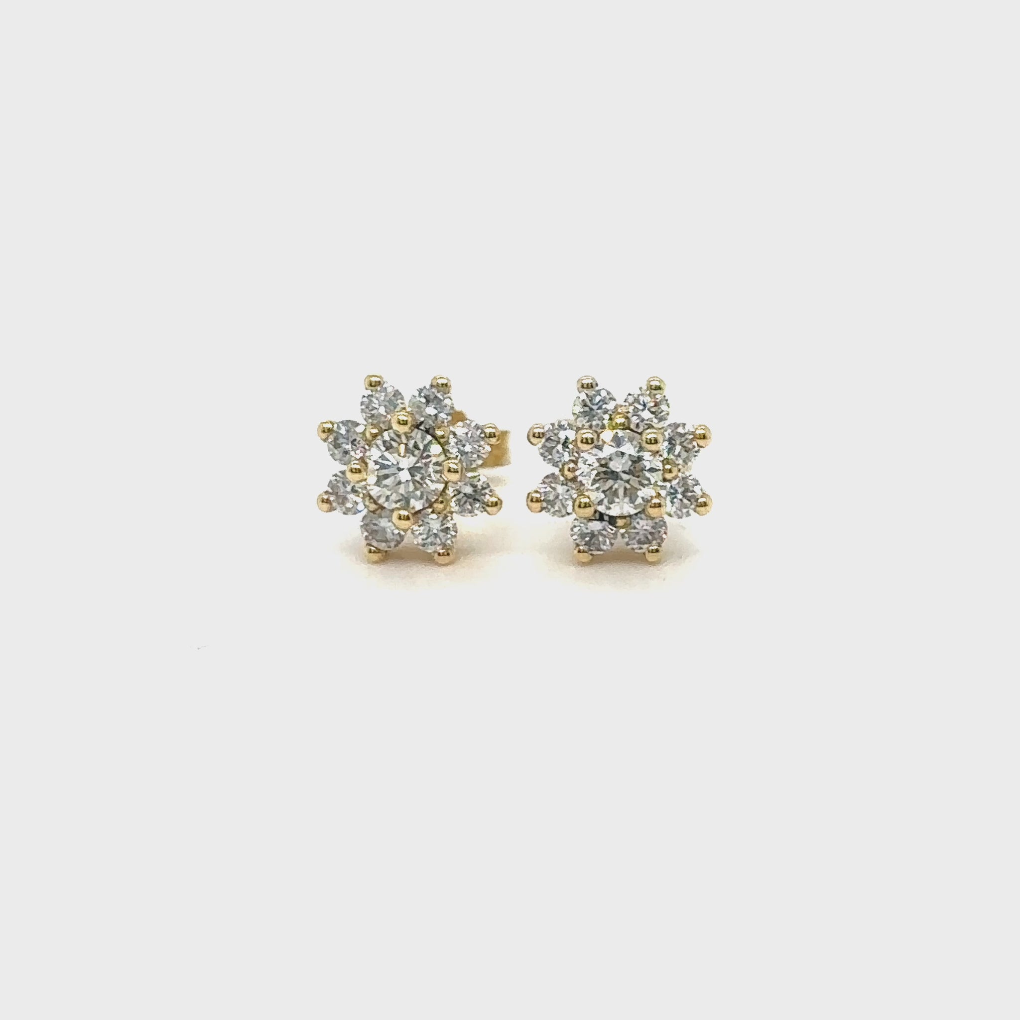Round brilliant floral diamond stud earrings, sparkling flower-shaped diamond studs, elegant floral design diamond earrings, classic round-cut diamond studs with a floral twist, timeless floral motif diamond stud earrings, exquisite round brilliant diamonds in floral arrangement, dazzling flower-inspired diamond stud earrings, stunning floral cluster diamond studs, delicate round-cut diamonds in a floral setting, sophisticated and radiant floral diamond stud earrings