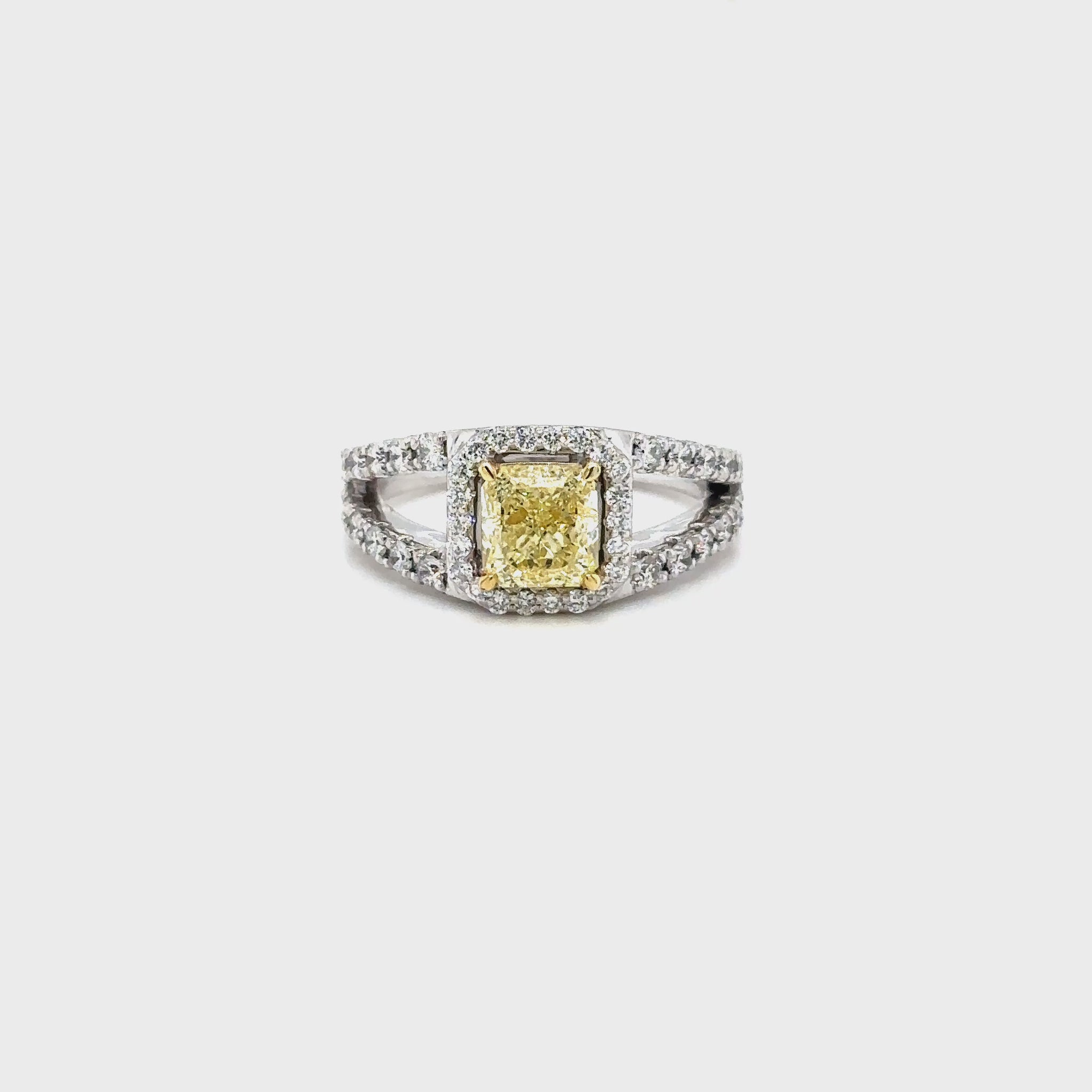 fancy yellow diamond ring, radiant cut yellow diamond, yellow diamond split shank ring, yellow halo engagement ring, luxury coloured diamond ring