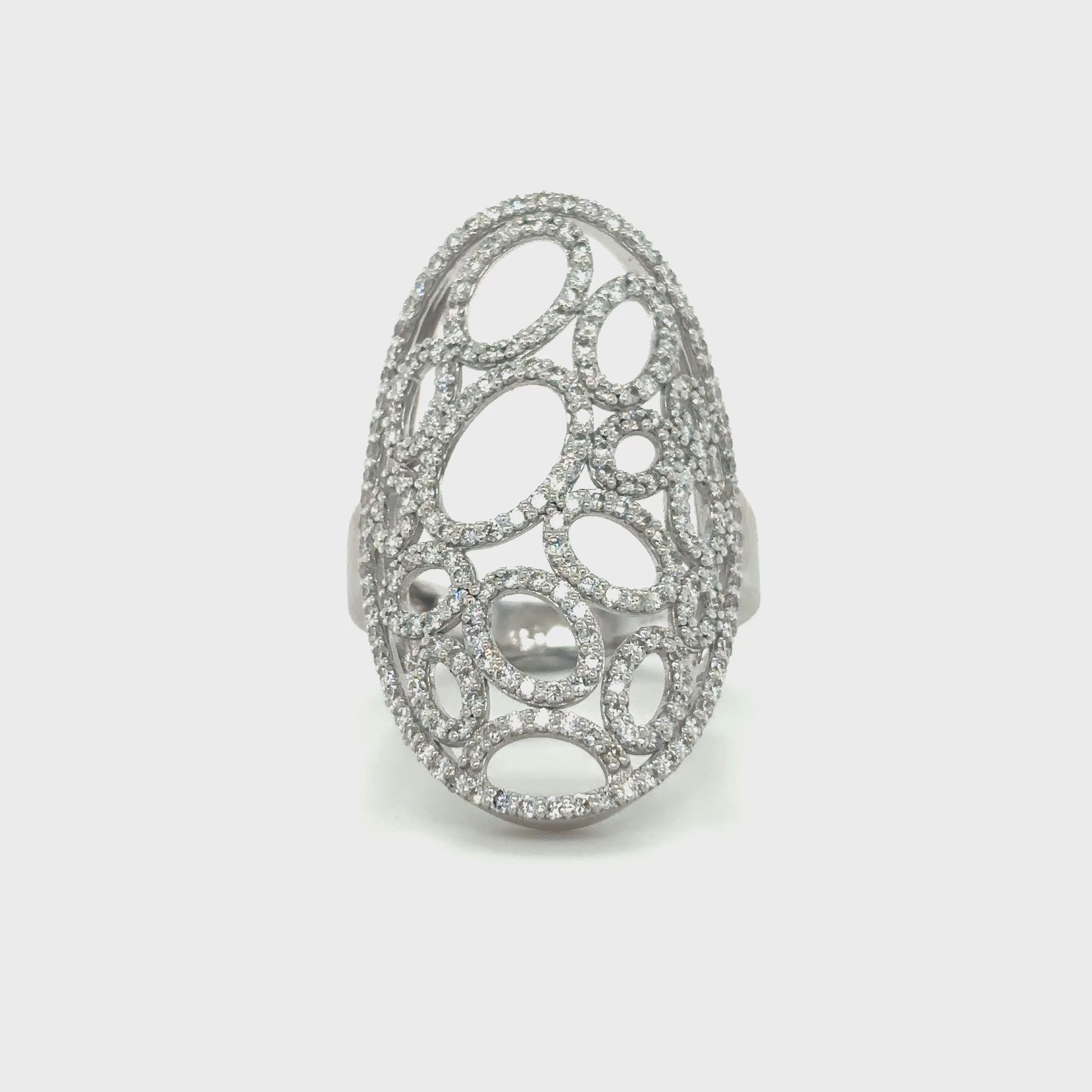 mesh diamond ring, oval cutout ring, openwork diamond ring, sculptural gold ring, pavé diamond statement ring, full finger fashion ring

