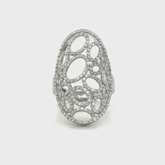 mesh diamond ring, oval cutout ring, openwork diamond ring, sculptural gold ring, pavé diamond statement ring, full finger fashion ring

