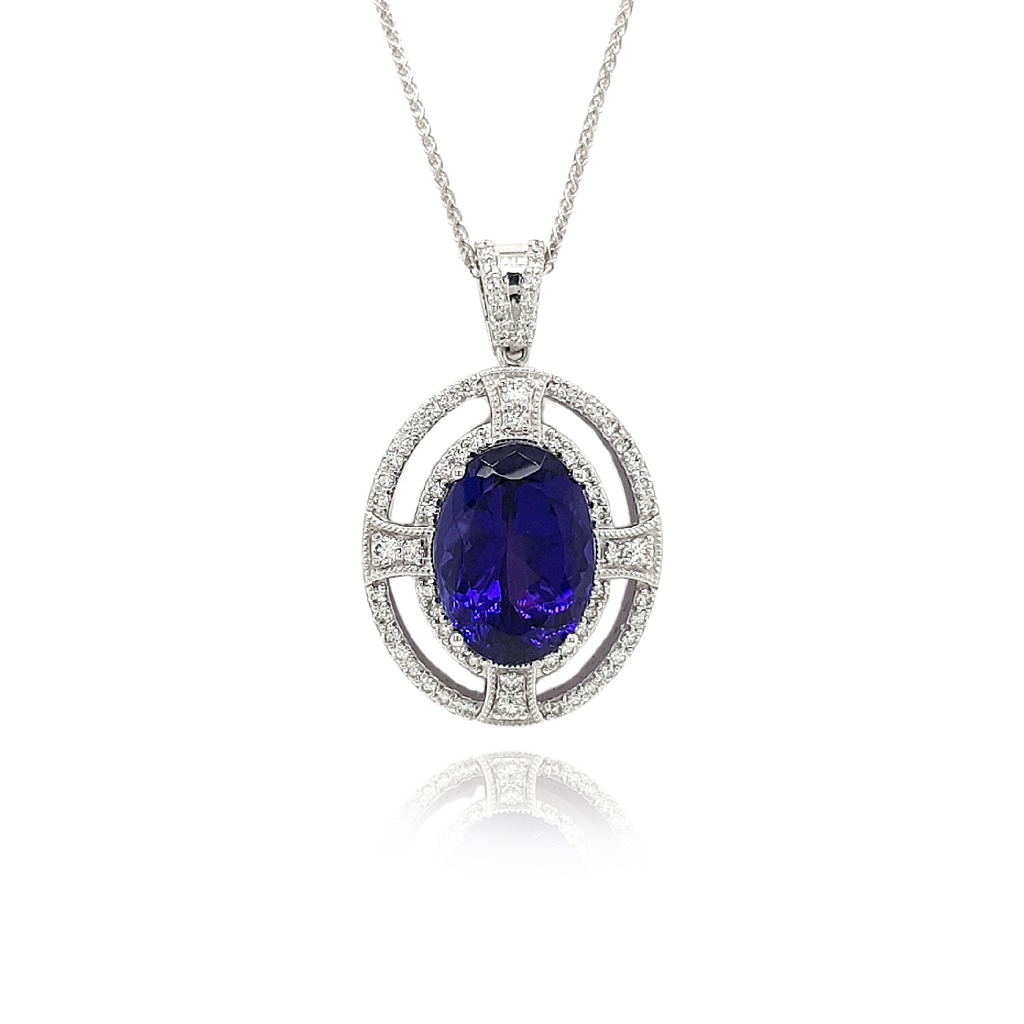  Oval Tanzanite, Halo Diamond Pendant, Gemstone Jewelry, Elegant Necklace, Fine Jewelry, Luxury Accessories, Statement Piece, Precious Stones, Special Occasion, Gift for Her, Glamorous Design, Sparkling Diamonds, Sterling Silver Setting, Exquisite Craftsmanship, High-Quality Materials
