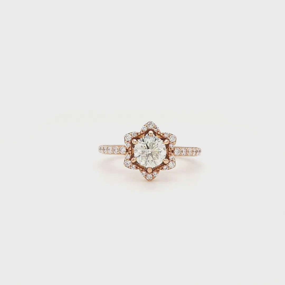 "Round Brilliant Diamond Ring with Halo Setting" "Floral Halo Engagement Ring with Round Diamond" "Elegant Flower Design Diamond Ring" "Round Cut Halo Engagement Ring" "Sparkling Diamond Ring with Floral Halo" "Classic Round Brilliant Ring with Flower Accents" "Luxurious Halo Flower Diamond Engagement Ring"