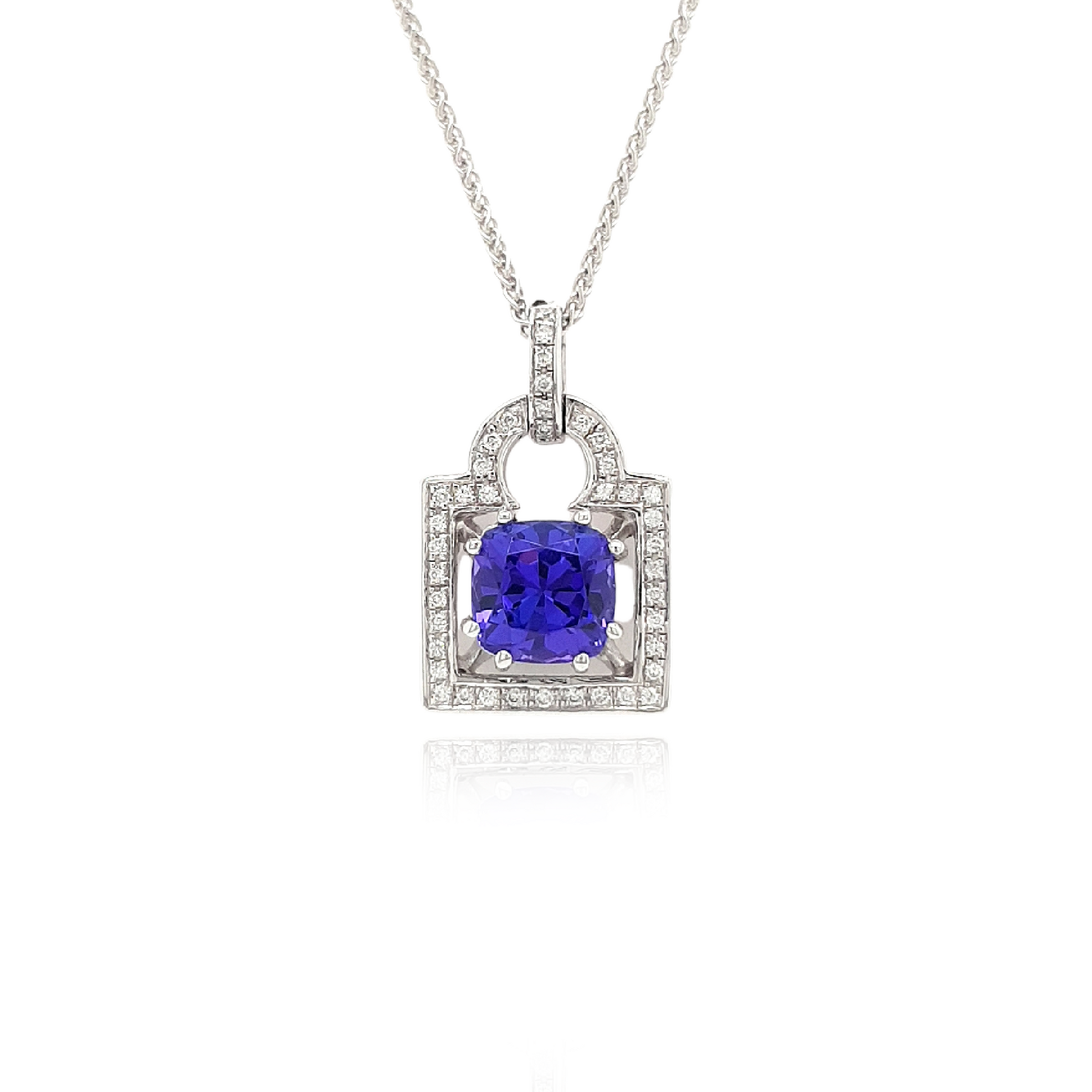  Cushion Cut Tanzanite & Diamond Pendant, Elegant Gemstone Jewelry, Sterling Silver Necklace, Sparkling Diamond Accents, Lavender Blue Gemstone, Statement Pendant, Gemstone and Diamond Combination, Precious Gemstone Necklace, Fine Jewelry Piece, Luxury Necklace Design, Unique Cushion Cut Pendant, Exquisite Tanzanite Pendant